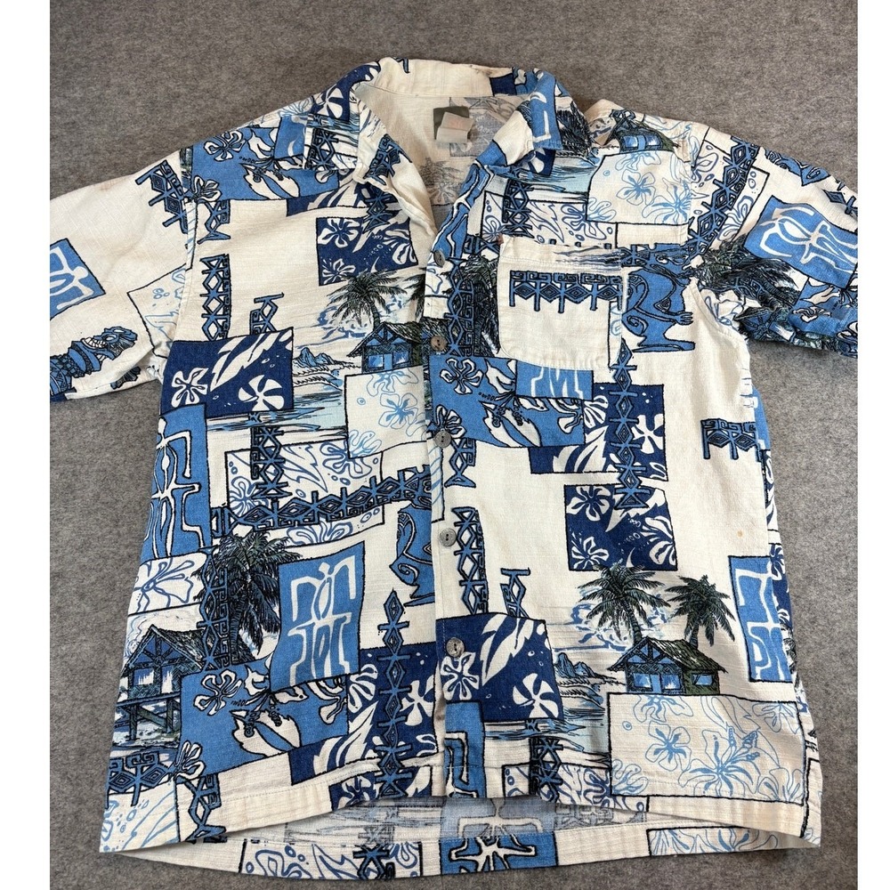 Vintage Quiksilver Hawaiian Shirt Mens Large Blue Tiki Surf Aloha Tropical Y2K